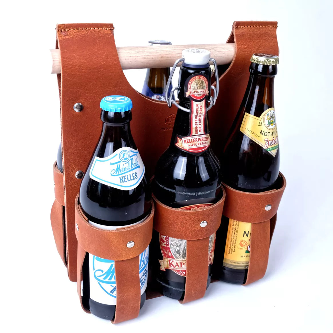 fahrradtasche flaschenhalter 6er-Flaschen-Caddy aus Leder – robuster Bierträger mit Holzgriff – Die Outbacker