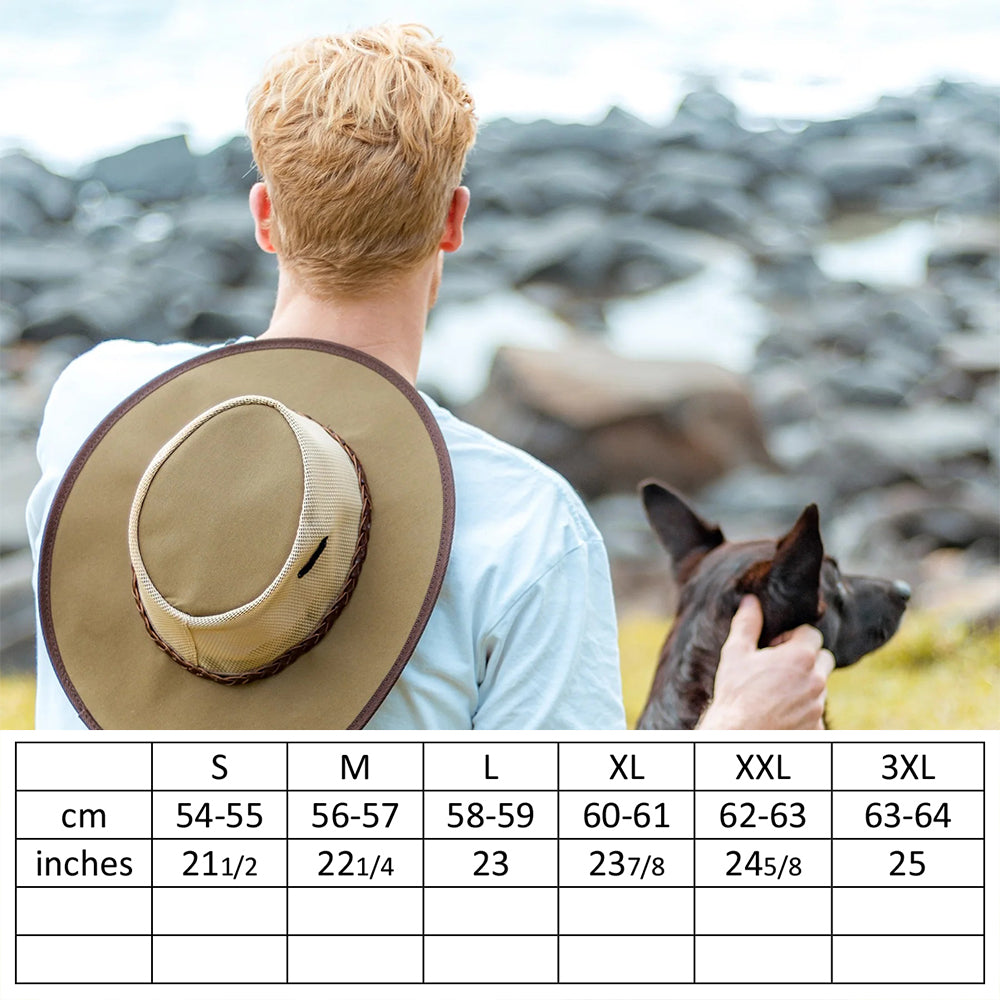 Australischer Lederhut extra Sonnenschutz durch breite Krempe
Jacaru  Wanderhut  Grössentabelle