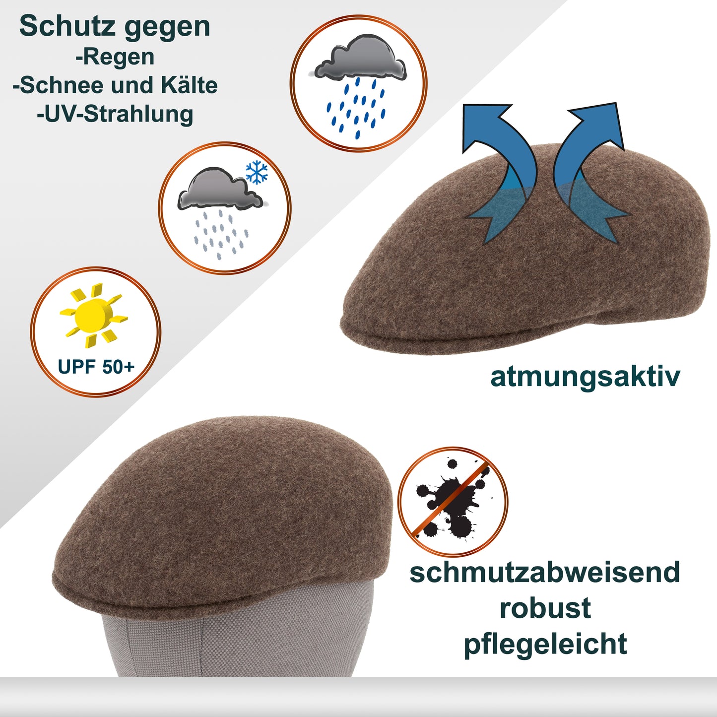 knautschbare Wollfilz Kappe für Damen und Herren, robust und wasserabweisend