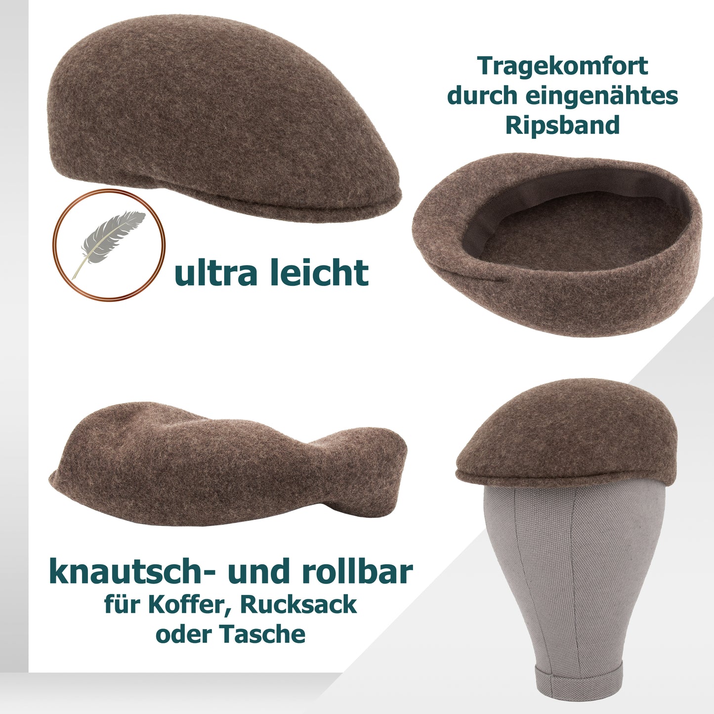 knautschbare Wollfilz Kappe für Damen und Herren, robust und wasserabweisend