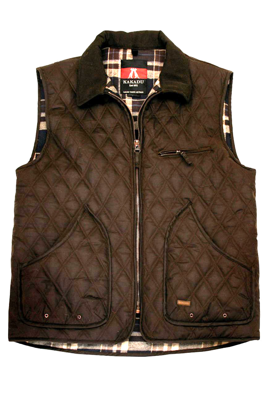 Said outdoor vest made of Oilskin cotton with a shawl collar in brown size XS and S