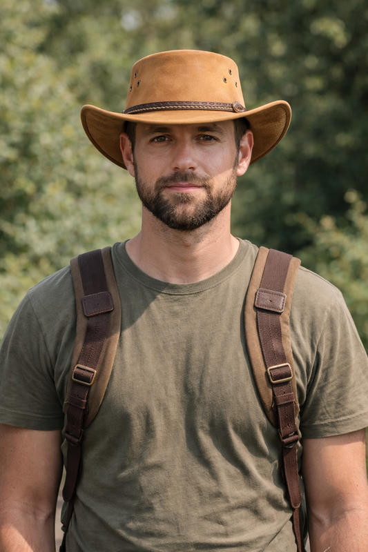 Allwetter Cowboy Lederhut aus Australien – Outback Hut mit biegsamer Krempe, UPF 50+ Sonnenschutz