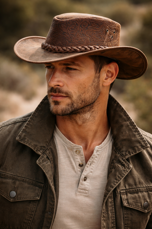 Australischer Western Lederhut mit Prägung – wetterfest, UPF 50+ | Damen & Herren