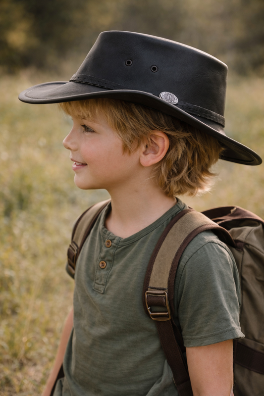 Schwarzer Kinder Cowboyhut aus Leder – UPF 50+ Outdoorhut