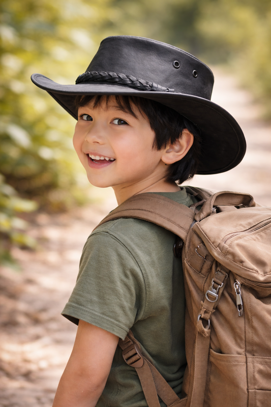 Kinder Lederhut Outdoor – Australian Hut aus Echtleder mit breiter Krempe & UV-Schutz