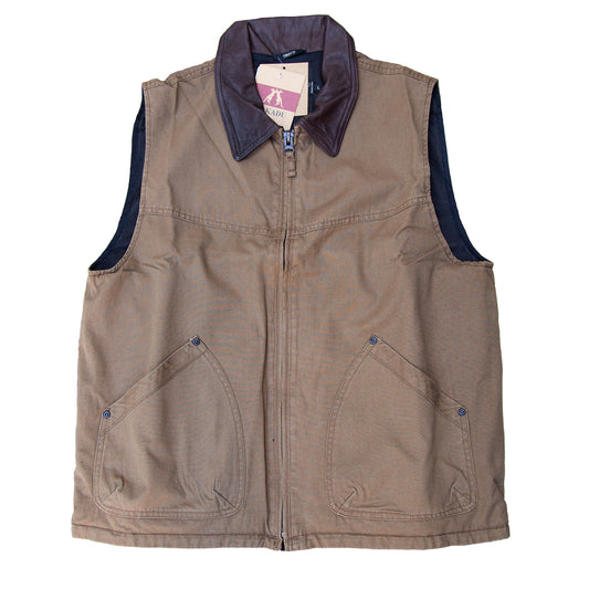 Outdoor leisure vest with hidden inner pockets, leather collar and zipper in Tobacco L