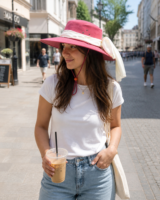 Outdoor Sommerhut mit Hutschal aus veganem Leder super leicht und luftig inkl. Kinnband wasserfest mit UV Schutz für Damen