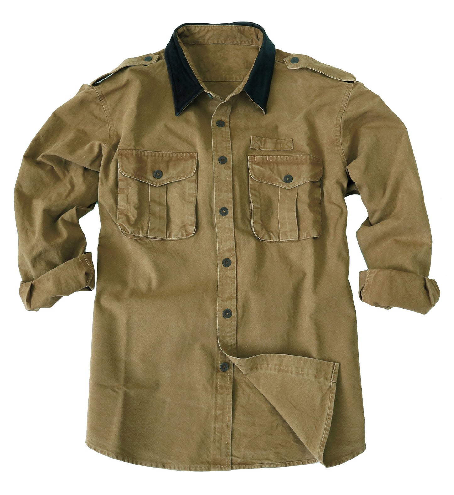 Robusted outdoor men's shirt with button placket and leather collar in Tobacco
