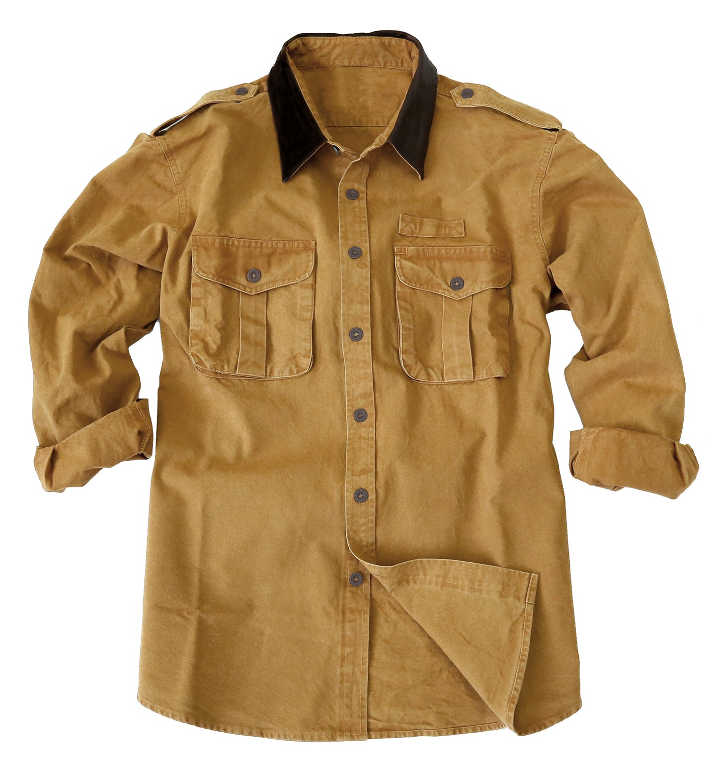 Robusted outdoor men's shirt with button placket and leather collar in Tobacco