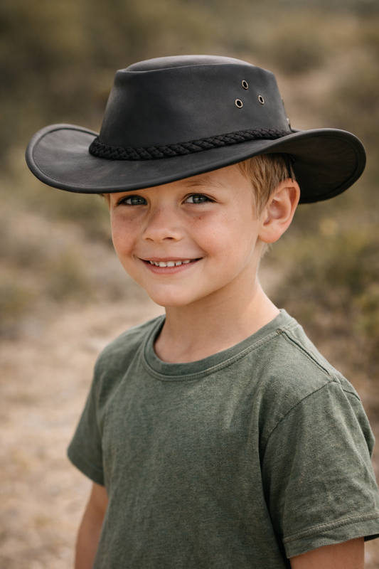 Kinder Cowboy Lederhut Allwetter – UPF 50+, Kinnband inklusive | Sonderposten (Größe S 53–54 cm)