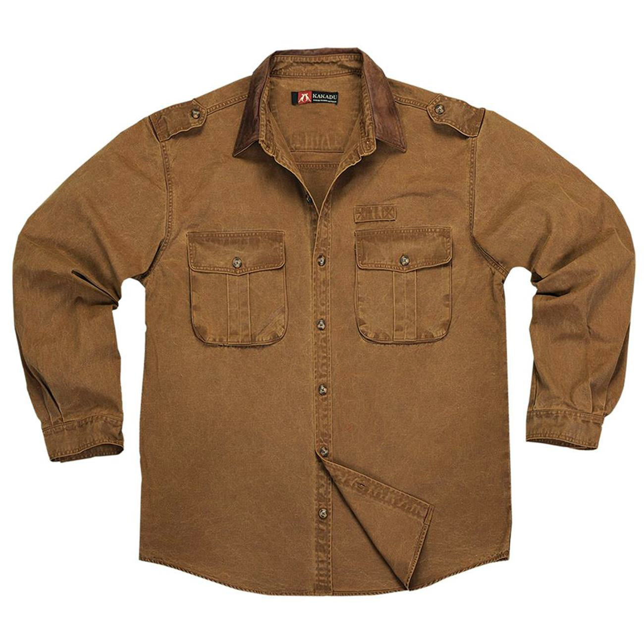 Robusty outdoor men's shirt with leather collar and button bar